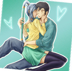 1boy 1girl black_hair brown_eyes code_geass couple dark_skin closed_eyes long_hair miniskirt ohgi_kaname pants ponytail short_hair silver_hair sitting skirt sweater thighhighs uzura_(suzukane) villetta_nu wink