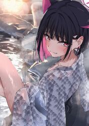 1girl alternate_costume animal_ears black_hair black_sash blue_archive blunt_bangs blunt_ends cat_ears cat_girl closed_mouth colored_inner_animal_ears commentary_request extra_ears from_side hair_behind_ear hair_ornament hairclip highres innertube japanese_clothes kazu_(kauk3753) kazusa_(blue_archive) kimono looking_at_viewer medium_hair multicolored_hair onsen pink_eyes sash sidelocks smile solo striped_sash swim_ring two-tone_hair wet white_kimono