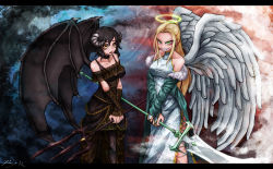 2girls angel angel_and_devil angel_wings bat_wings black_dress demon dress earrings fang goat_eyes green_eyes grin halo highres horns jewelry looking_at_viewer multiple_girls necklace personality_switch polearm ray-k smile trident weapon white_dress wings
