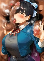 1girl 2boys absurdres artist_name black_hair blue_bow blue_jacket blush bow breasts censored clothed_female_nude_male clothed_sex collared_shirt commentary_request dated dress erection facejob fellatio fingernails gradient_background grey_dress group_sex hair_between_eyes hair_bow half-closed_eyes hand_up handjob hazuki_ren head_out_of_frame hero_neisan hetero high_ponytail highres huge_filesize jacket large_breasts licking licking_penis long_fingernails long_hair long_sleeves looking_at_viewer love_live! love_live!_superstar!! male_pubic_hair mmf_threesome mosaic_censoring multiple_boys neck_ribbon nude one_eye_covered open_clothes open_jacket open_mouth oral penis penis_on_face penis_over_one_eye ponytail precum pubic_hair purple_background red_ribbon ribbon saliva school_uniform shirt signature smegma smelly_penis solo_focus stain stained_clothes steaming_body stray_pubic_hair striped_bow sweat teeth testicles threesome tongue tongue_out upper_body upper_teeth_only v white_shirt yellow_eyes yuigaoka_school_uniform