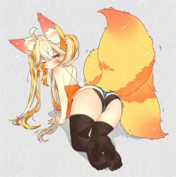 1girl ahoge all_fours animal_ear_fluff animal_ears ass bare_shoulders black_panties black_thighhighs blonde_hair blue_shorts blush camisole feet fox_ears fox_girl fox_tail from_behind grey_background highres kneepits legs long_hair looking_back multiple_tails nail_polish no_shoes one_eye_closed orange_camisole original panties short_shorts shorts simple_background soles solo tail thighhighs thighs toconikky toes twintails underwear very_long_hair yellow_eyes