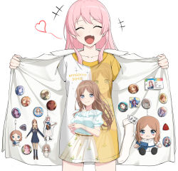 1girl anglediana bang_dream! bang_dream!_it&#039;s_mygo!!!!! blush character_doll charm_(object) chibi chihaya_anon closed_eyes commentary_request doll fang heart highres long_hair nagasaki_soyo open_mouth oshi-katsu otaku pink_hair plectrum school_uniform shirt skin_fang socks solo tsukinomori_school_uniform unworn_socks white_shirt yellow_shirt