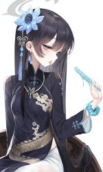 Rule 34 | 1girl, ao dai, black dress, black hair, blue archive, blue nails, breasts, dishwasher1910, dragon print, dress, earrings, food, hair down, hair ornament, halo, highres, holding, holding food, holding popsicle, jewelry, kisaki (blue archive), long dress, long hair, long sleeves, melting, nail polish, necklace, pants, popsicle, saliva, saliva trail, sexually suggestive, small breasts, white pants