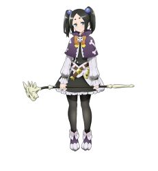 Rule 34 | 1girl, anime coloring, beads, belt, black dress, black hair, blue eyes, capelet, closed mouth, dress, full body, futoku no guild, hair beads, hair ornament, holding, holding staff, kaneko hiraku, long sleeves, looking at viewer, mage staff, purple capelet, short eyebrows, simple background, skirt, solo, staff, standing, striped sleeves, tachi-e, thick eyebrows, tokishikko dana, transparent background, twintails