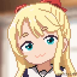 1girl animated artist_name blonde_hair child closed_eyes closed_mouth female_focus green_eyes grin hair_ribbon heart highres himesaka_noa pixel_art portrait red_ribbon ribbon smile solo teeth twitter_username video watashi_ni_tenshi_ga_maiorita! xmias
