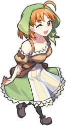 1girl ahoge breasts brown_shoes cleavage full_body hair_ornament hairclip love_live! love_live!_sunshine!! medium_breasts one_eye_closed open_mouth orange_hair pink_eyes shoes short_sleeves smile solo takami_chika teeth upper_teeth_only waste-man