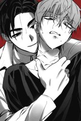 2boys alien_stage commentary cross_scar greyscale_with_colored_background hand_on_another&#039;s_neck highres ivan_(alien_stage) lubya male_focus multiple_boys open_mouth red_background scar scar_on_neck shirt short_hair smile till_(alien_stage) very_short_hair
