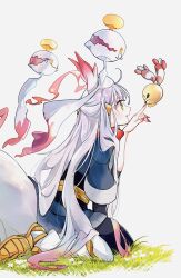 1girl akari_(pokemon) akari_(pokemon)_(cosplay) animal_ears black_sash blush chimecho chingling cocoa_s3 cosplay eyelashes fangs galaxy_expedition_team_survey_corps_uniform gen_3_pokemon gen_4_pokemon grass highres hisuian_zoroark hisuian_zorua jacket kneehighs long_hair nintendo open_mouth pantyhose pokemon pokemon_(creature) pokemon_legends:_arceus red_hair red_scarf sash scarf shirt sidelocks simple_background smile socks tail very_long_hair white_background white_hair yellow_eyes