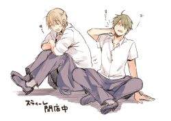 2boys ahoge akizuki_kouyou apron black_pants blend_s blonde_hair crossed_arms dino_(blend_s) closed_eyes green_hair hair_over_one_eye hand_on_own_neck male_focus multiple_boys nakayama_miyuki pants simple_background sitting sleepy smile waist_apron white_background