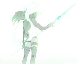 1boy asymmetrical_legwear aura black_panties black_surgical_mask brown_hair bulge glowing glowing_weapon green_eyes green_hair gretel_(sinoalice) holding holding_polearm holding_weapon jyasko0719 legband long_hair long_sleeves looking_at_viewer male_focus mask mouth_mask multicolored_hair panties polearm shirt simple_background sinoalice surgical_mask t-shirt thighhighs trap two-tone_hair underwear weapon white_background