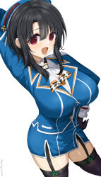 1girl arm_behind_head ascot beret black_gloves black_hair black_thighhighs blue_hat blue_jacket blue_skirt blush breasts chamumi_(mochiumee) garter_straps gloves hat highres jacket kantai_collection large_breasts looking_at_viewer military military_uniform open_mouth red_eyes short_hair skirt smile solo takao_(kancolle) thighhighs