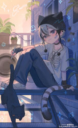 ! 1boy :3 absurdres animal_ears bandaid bandaid_on_face black_gloves black_hat black_pants cat cat_boy cat_ears cat_girl cat_tail child closed_mouth ear_piercing earrings extra_ears fingerless_gloves from_side gloves hat highres holding holding_stylus jewelry looking_at_viewer male_focus omurice_(roza4957) original outdoors pants piercing plant purple_eyes shirt shoes short_hair short_sleeves shota sitting sitting_on_stairs sneakers solo speech_bubble spoken_exclamation_mark stairs stud_earrings stylus tablet_pc tail white_shirt white_shoes