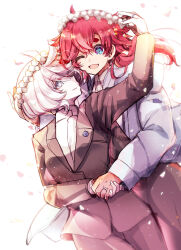 2girls ahoge blue_eyes closed_eyes commentary_request formal_clothes grey_eyes gundam gundam_suisei_no_majo head_wreath highres holding_hands izumiya_otoha jacket jewelry long_hair looking_at_another miorine_rembran multiple_girls one_eye_closed open_mouth pants red_hair ring simple_background smile suit suletta_mercury thick_eyebrows wedding_ring white_background white_hair wife_and_wife yuri