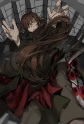 Rule 34 | 1boy, artist name, black pants, black robe, brown hair, dua wpdbr, eye print, eye symbol, falling, highres, jyu viole grace, long hair, long sleeves, looking at viewer, male focus, midair, one eye covered, open mouth, outstretched arms, pants, parted lips, ponytail, robe, shadow, solo, tower of god, twenty-fifth bam, twitter username, very long hair, yellow eyes