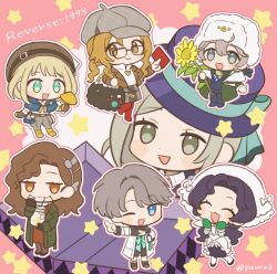 3boys 4girls :d ;d ^_^ anjo_nala aqua_eyes avgust_(reverse:1999) bag black_bag black_coat black_hair black_shorts black_skirt blonde_hair blue_bow blue_cloak blue_eyes blue_jacket blue_pants boater_hat bow braces brown_eyes brown_hair brown_hat brown_jacket chibi cloak closed_eyes coat coif copyright_name dress ezra_theodore flower glasses green_coat grey_eyes grey_hair grey_hat grey_pants grey_skirt hair_bow hair_bun hat holding holding_flower holding_jar jacket jar long_hair looking_at_viewer melania_(reverse:1999) ms._acey multiple_boys multiple_girls one_eye_closed open_mouth open_suitcase panri pants pink_background purple_hat red_dress reverse:1999 shirt short_hair shorts shoulder_bag single_side_bun skirt smile star_(symbol) suitcase sunflower sweater tooth_fairy_(reverse:1999) twitter_username vertin_(reverse:1999) white_coat white_hat white_shirt white_sweater x_(reverse:1999) yellow_flower