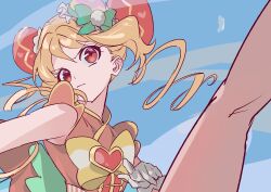 Rule 34 | 1girl, absurdres, back bow, bare legs, bare shoulders, blonde hair, blue sky, bow, bowtie, brooch, bun cover, closed mouth, collared shirt, cure yum-yum, delicious party precure, determined, double bun, drill hair, eyelashes, feathers, food-themed clothes, food-themed hair ornament, frilled shirt, frills, gloves, green bow, hair between eyes, hair bun, hair ornament, hanamichi ran, hat, hat bow, heart, heart brooch, heart print, highres, jewelry, kicking, large bow, leg up, light frown, long hair, magical girl, orange bow, orange shirt, pom pom hat ornament, precure, red brooch, red eyes, shipu (gassyumaron), shirt, single stripe, sky, sleeveless, sleeveless shirt, solo, striped bow, striped bowtie, striped clothes, tareme, twin drills, two-tone bow, upper body, v-shaped eyebrows, white gloves, wind, yellow bow, yellow bowtie