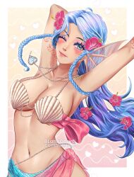 1girl ;) aegyo_sal ahoge arm_behind_head arm_tattoo armpits arms_up artist_name bare_shoulders bikini bikini_top_only blankcharti blue_eyeshadow blue_hair border bow braid braided_sidelocks breasts cleavage closed_mouth collarbone commentary commission cowboy_shot english_commentary eyeshadow flower hair_flower hair_ornament heart heart_necklace hibiscus highres jewelry large_breasts leaning_back light_particles long_hair looking_at_viewer makeup navel necklace one_eye_closed outside_border outstretched_arm pearl_necklace pink_bow pink_eyeshadow pink_flower pink_lips pink_sarong pink_scales player_character_(roblox) roblox royale_high sarong scales see-through_clothes see-through_sarong shell shell_bikini simple_background smile solo standing stomach swimsuit tattoo twin_braids very_long_hair watermark white_border yellow_background