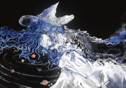 1girl black_cape blue_eyes blue_hair blue_skin cape colored_skin doll_joints dress elden_ring extra_arms extra_faces hat highres joints long_hair looking_at_viewer lying melospiza0606 on_side one_eye_closed orbital_path planet ranni_the_witch solar_system solo wavy_hair white_dress white_hat witch_hat