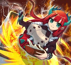 1girl batter blue_eyes bowl breasts brown_dress dragon_girl dragon_horns dress duel_monster electricity fire gtbowl holding holding_bowl horns kitchen_dragonmaid large_breasts lava maid red_hair sangen_kaimen smile solo yu-gi-oh!