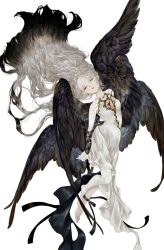 1girl barefoot black_hair black_wings bleeding blood breasts dress feathered_wings floating_hair gradient_hair grey_hair highres injury light_smile long_hair looking_at_viewer multicolored_hair one_eye_closed orange_eyes original shirone_(coxo_ii) simple_background small_breasts solo stab white_background white_dress wings