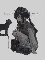 1girl black_bag black_cat black_eyes black_hair black_shoes blood cat grey_background grey_vest highres leg_warmers original shirt shoes simple_background solo squatting twintails twitter_username vest white_leg_warmers white_shirt xyz_0dr