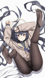 1girl black_hair black_pantyhose black_shirt blue_archive blue_eyes blue_neckerchief brown_halo brown_sweater cameltoe closed_mouth crossed_bangs feet hair_spread_out halo highres legs_up long_hair long_sleeves looking_at_viewer lying neckerchief no_pants no_shoes on_back pantyhose shi_ling_fangcheng shirt skirt soles solo sweater thighs turtleneck turtleneck_shirt ui_(blue_archive) unworn_skirt white_background white_skirt