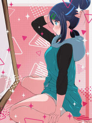 1girl black_hair blue_eyes blush closed_mouth cowlick creatures_(company) eyelashes fujiwara_hiro_(kaede_ciao) game_freak hair_bun hair_ornament hairclip highres holding hood hood_down hoodie liko_(pokemon) long_sleeves looking_at_mirror mirror nintendo pokemon pokemon_(anime) pokemon_horizons shirt shorts sitting sleeveless smile wariza