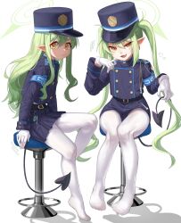 2girls :&lt; :3 absurdres armband black_jacket black_shorts blue_archive blue_armband buttons ch1ckpyo closed_mouth commentary_request demon_tail double-breasted earrings fang feet frown gloves green_hair green_halo halo highres hikari_(blue_archive) holding_own_tail jacket jewelry long_hair long_pointy_ears long_sleeves looking_at_viewer miniskirt multiple_girls no_shoes nozomi_(blue_archive) on_stool open_mouth pantyhose pleated_skirt pointy_ears shorts siblings sideways_glance sisters sitting skin_fang skirt smile smug straight_hair swivel_chair tail toes train_conductor twins twintails white_gloves white_pantyhose yellow_eyes