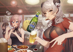 4girls alcohol alternate_costume azur_lane baby_animal bamboo_steamer beer beer_bottle bird black_dress blue_eyes bottle breasts chick china_dress chinese_clothes cup dress drill_hair dumpling eating flower food food_in_mouth grey_hair hair_flower hair_ornament highres holding holding_bottle holding_cup holding_spoon indoors jiaozi large_breasts long_hair looking_at_viewer luetzow_(azur_lane) luetzow_(steaming_hot_treat)_(azur_lane) maitei_roppa manjuu_(azur_lane) mapo_tofu multiple_girls ning_hai_(azur_lane) official_alternate_costume peking_duck_(food) ping_hai_(azur_lane) pink_hair plate plate_stack red_dress seydlitz_(azur_lane) shark_fin_soup short_sleeves sitting spoon steamed_bun taut_clothes v yellow_eyes
