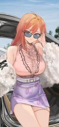 1girl absurdres ahoge armpit_crease bare_shoulders belt breasts buttons car_interior center_frills closed_mouth clothes_down dress_shirt etou_yuuhi frills fur_jacket hair_between_eyes halter_shirt halterneck hashtag-only_commentary high-waist_skirt highres hololive hololive_dev_is ichijou_ririka ichijou_ririka_(1st_costume) jacket jewelry large_breasts long_hair looking_at_viewer looking_over_eyewear miniskirt open_clothes open_jacket orange_eyes orange_hair outdoors pencil_skirt pendant_collar pink_shirt purple_skirt shirt shirt_tucked_in skirt sleeveless sleeveless_shirt solo sunglasses thighlet thighs tucking_hair virtual_youtuber white_belt white_jacket