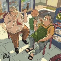 Rule 34 | 2boys, anzai mitsuyoshi, apron, ball, basketball (object), black footwear, chair, crack, cracked floor, denim, employee uniform, facial hair, fat, fat man, glass door refrigerator, glasses, gun, hair bun, highres, holding, holding ball, holding gun, holding weapon, jeans, khaki pants, look-alike, male focus, multiple boys, mustache, old, old man, on chair, opaque glasses, pants, sakamoto days, sakamoto taro, sandals, shirt, shopping basket, single hair bun, slam dunk (series), tong igart, trait connection, weapon, white hair, white shirt, yellow shirt