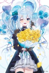 Rule 34 | :d, absurdres, artist request, balloon, black dress, blue eyes, blue hair, blush, bouquet, copyright name, dress, falling petals, female focus, flower, gloves, hair between eyes, hair flower, hair ornament, heart balloon, highres, holding, holding bouquet, lace, lace gloves, light blue hair, long hair, nijisanji, official art, one eye closed, open mouth, petals, rose, smile, streamers, teeth, third-party source, tongue, upper body, upper teeth only, virtual youtuber, yellow petals, yukishiro mahiro, yukishiro mahiro (3rd costume)