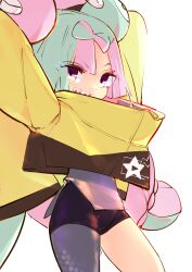 bow-shaped_hair character_hair_ornament fake_hair_bun grey_pantyhose hair_ornament hexagon_print iono_(pokemon) jacket multicolored_hair nintendo orion_(user_cayz7348) oversized_clothes pantyhose pokemon pokemon_sv sharp_teeth single_leg_pantyhose sleeves_past_fingers sleeves_past_wrists split-color_hair teeth two-tone_hair yellow_jacket
