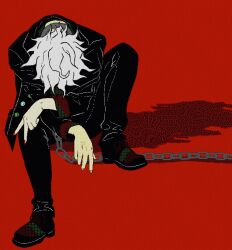 1boy black_jacket black_suit chain chain_leash collar danganronpa_(series) danganronpa_2:_goodbye_despair formal_clothes grey_hair head_down highres jacket knee_up komaeda_nagito leash male_focus metal_collar red_background red_nails short_hair sitting solo suit uri_ka55