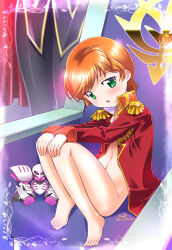 2girls black_pantyhose bottomless curtains epaulettes flat_chest green_eyes gundam gundam_zz haman_karn hands_on_own_knees highres himehachi_(hime8manga) jacket long_sleeves mineva_lao_zabi multiple_girls navel open_clothes open_jacket open_mouth orange_hair pantyhose qubeley red_jacket short_hair sitting solo_focus twitter_username
