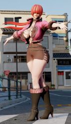 1girl boots breasts coat curvy dress female_focus heart highres huge_breasts large_breasts long_hair nipples outdoors pale_skin ponytail red_hair see-through_clothes shermie_(kof) skirt skyarsenic smile standing the_king_of_fighters thick_lips thick_thighs thighs wide_hips
