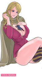 1boy 1girl between_breasts blonde_hair breasts cloak dress gerd_(one_piece) giant highres large_breasts long_hair one_piece sanji_(one_piece) smile tall_female thick_thighs thighs uukkaa