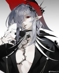 arknights black_jacket black_nails cross cross_necklace gladiia_(arknights) gradient_background grey_hair hair_over_one_eye hat highres jacket jewelry long_hair mouth_hold nasul_g necklace one_eye_covered pointy_ears red_eyes red_hat teeth thorns upper_body watermark weibo_watermark white_background