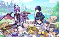 2boys absurdres alalen artist_name black_hair black_shorts black_socks blue_sky book city dated fingernails food genshin_impact hair_between_eyes hand_on_own_cheek hand_on_own_face highres horns long_sleeves male_focus mini_durin_(genshin_impact) multiple_boys picnic_basket pointy_ears purple_hair red_eyes scaramouche_(genshin_impact) sharp_teeth shorts sky smile socks tail teeth toenails toes vision_(genshin_impact) wanderer_(genshin_impact) windmill wings