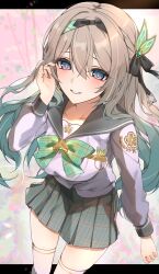 1girl absurdres black_hairband blush bow breasts collarbone firefly_(honkai:_star_rail) firefly_(spring_missive)_(honkai:_star_rail) green_bow grey_hair grey_skirt hair_between_eyes hair_intakes hair_ornament hairband highres honkai:_star_rail honkai_(series) large_breasts long_hair long_sleeves looking_at_viewer moderate_gold official_alternate_costume open_mouth pink_eyes plaid_bow plaid_clothes plaid_skirt school_uniform shirt skirt smile solo thick_thighs thighhighs thighs white_shirt white_thighhighs zettai_ryouiki