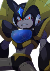 Rule 34 | 1boy, android, angry, armor, bad source, bass (mega man), black armor, black helmet, chest jewel, clenched teeth, close-up, evil grin, evil smile, facial mark, fangs, forehead jewel, glowing, glowing eyes, grin, helmet, highres, hiyoko ai, jewelry, looking at viewer, mega man (classic), mega man (series), red eyes, robot, robot ears, shoulder armor, simple background, smile, solo, teeth, upper body, white background