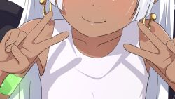 1girl angel_wings bare_arms bare_shoulders black_wings blood blush closed_mouth collarbone commentary_request dark-skinned_female dark_skin double_v dress earrings eyes_out_of_frame green_blood head_out_of_frame jewelry long_hair na-suke nostrils one_piece s-snake seraphim_(one_piece) simple_background sleeveless sleeveless_dress smile snake_earrings solo split_mouth v white_background white_dress white_hair wings