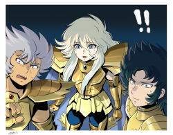 ! !! 3boys armor black_hair blonde_hair blue_cape blue_eyes blue_gemstone blue_hair cancer_death_mask cape capricorn_shura colored_tips gem gradient_hair green_hair grey_hair hand_up horrified long_hair looking_at_viewer male_focus mizuhara_aki mole mole_under_eye multicolored_hair multiple_boys open_mouth pauldrons pisces_aphrodite red_eyes red_gemstone saint_seiya short_hair shoulder_armor sideburns spiked_hair surprised trap two-tone_hair wide-eyed