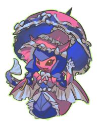 765_nanami blue_hair chibi colored_skin digimon digimon_(creature) highres holding holding_umbrella lamia lamiamon monster_girl parasol pink_scales pink_skin simple_background umbrella white_background