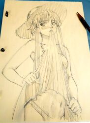 1girl alternate_costume aria_(manga) bare_shoulders blush breasts clothes_lift collarbone commentary cowboy_shot cwind dress dress_lift eyelashes hair_tubes hat highres looking_at_viewer mizunashi_akari monochrome mouth_hold navel short_hair_with_long_locks small_breasts solo stomach straw_hat symbol-only_commentary traditional_media