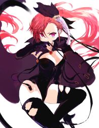 1girl black_leotard boots breasts cleavage cloak dominatrix elbow_gloves gloves high_heels highres holding holding_whip leotard long_hair looking_at_viewer medium_breasts ponytail purple_eyes rance_(series) red_hair satella_(rance) solo thigh_boots tsutsugano