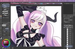 1girl :p arm_up art_program_in_frame black_horns breasts cleavage clip_studio_paint_(medium) closed_mouth commentary_request criss-cross_halter crown detached_sleeves donburi_(minami_don) eyelashes frills halterneck highres horns large_breasts long_hair looking_at_viewer master_detective_archives:_rain_code multicolored_hair pink_hair purple_eyes shinigami_(rain_code) smile solo tongue tongue_out twintails unfinished white_background white_crown white_hair