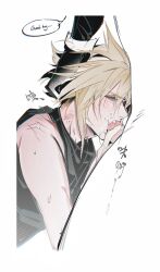 Rule 34 | 2boys, bangle, black gloves, blonde hair, blush, bracelet, chinese text, cloud strife, cum, cum on body, english text, facial, fellatio, final fantasy, final fantasy vii, gloves, green eyes, half-closed eyes, hand in another&#039;s hair, highres, jewelry, long sleeves, male focus, multiple boys, neck blush, oral, partially colored, partially translated, ppking 8, sephiroth, short hair, shoulder blush, speech bubble, spiked hair, sweat, translation request, yaoi