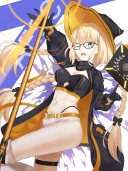 Rule 34 | 1girl, absurdres, aesc (exhibition attire) (fate), aesc (fate), aesc (rain witch) (fate), ahoge, akinaih, black gloves, black jacket, blonde hair, blue eyes, book, boots, breasts, crop top, fate/grand order, fate (series), floating, floating book, floating object, glasses, gloves, hand up, hat, highleg, highleg panties, highres, jacket, long hair, looking at viewer, micro shorts, navel, one eye closed, open mouth, panties, red-framed eyewear, shorts, smile, solo, staff, thigh boots, thigh strap, underwear, witch hat
