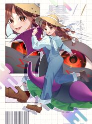 Rule 34 | 1girl, barcode, bow, braid, brown eyes, brown footwear, brown hair, copyright name, denim overalls, evil eye sigma, guumin, hair bow, halo, hat, highres, long hair, long sleeves, open mouth, puffy long sleeves, puffy sleeves, red eyes, rika (touhou), smile, story of eastern wonderland, straw hat, touhou, touhou (pc-98), twin braids, wings